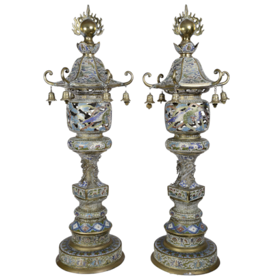 Pair late 19th Century Bronze and Enamel Japanese garden lanterns