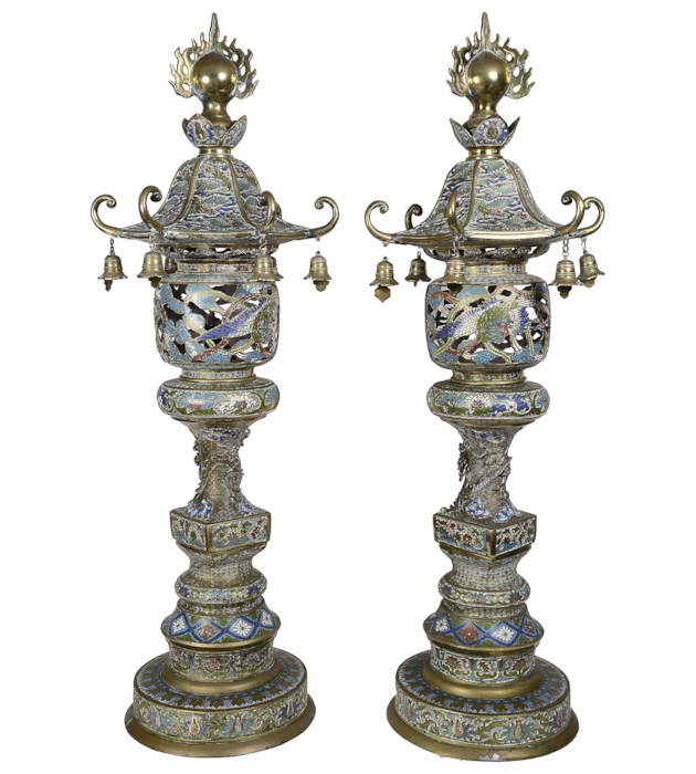 Pair late 19th Century Bronze and Enamel Japanese garden lanterns