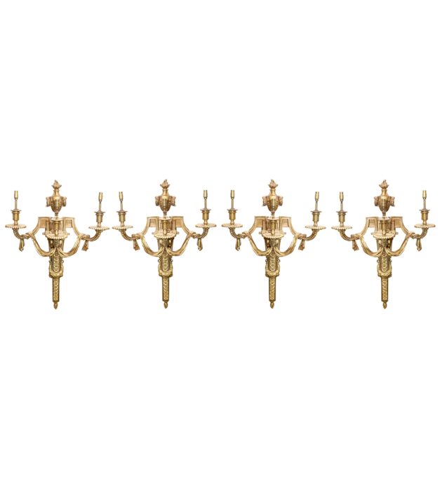 Four classical French Louis XVI style ormolu wall lights, late 19th century