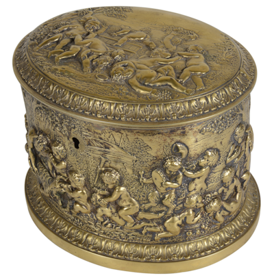 Classical 19th Century gilded ormolu embossed tea caddy.
