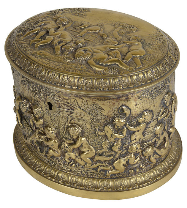 Classical 19th Century gilded ormolu embossed tea caddy.