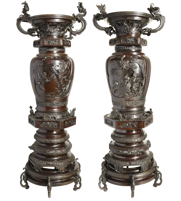 Large pair Meiji period Japanese bronze vases.