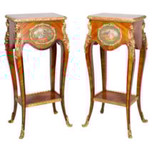 Pair Louis XVI style side tables with porcelain plaques, circa 1890.