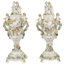 Large Pair Dresden style lidded comports, late 19th Century.