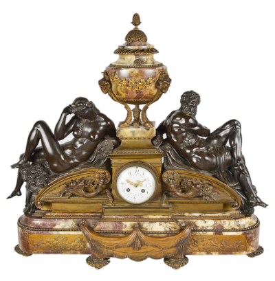 Tiffany mantel clock with bronze statues representing day and night