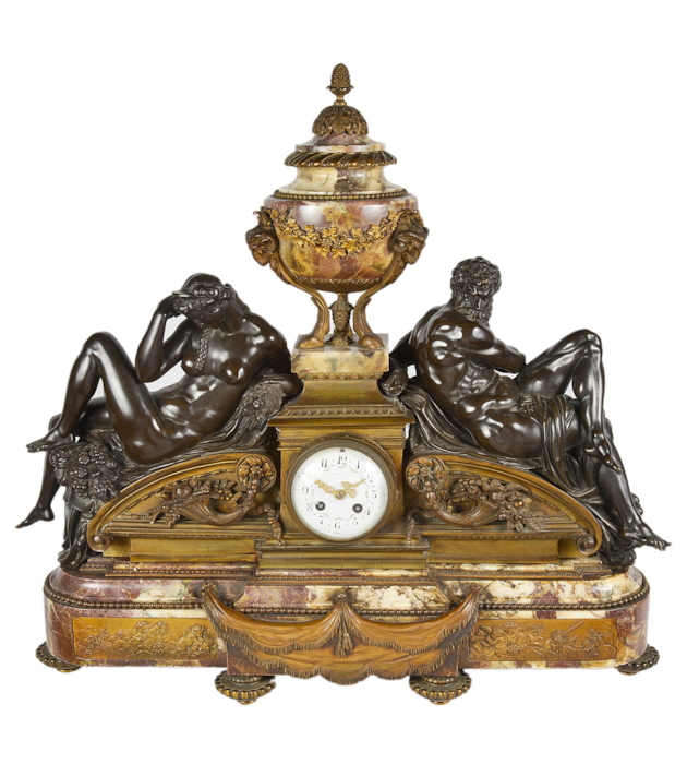 Tiffany mantel clock with bronze statues representing day and night