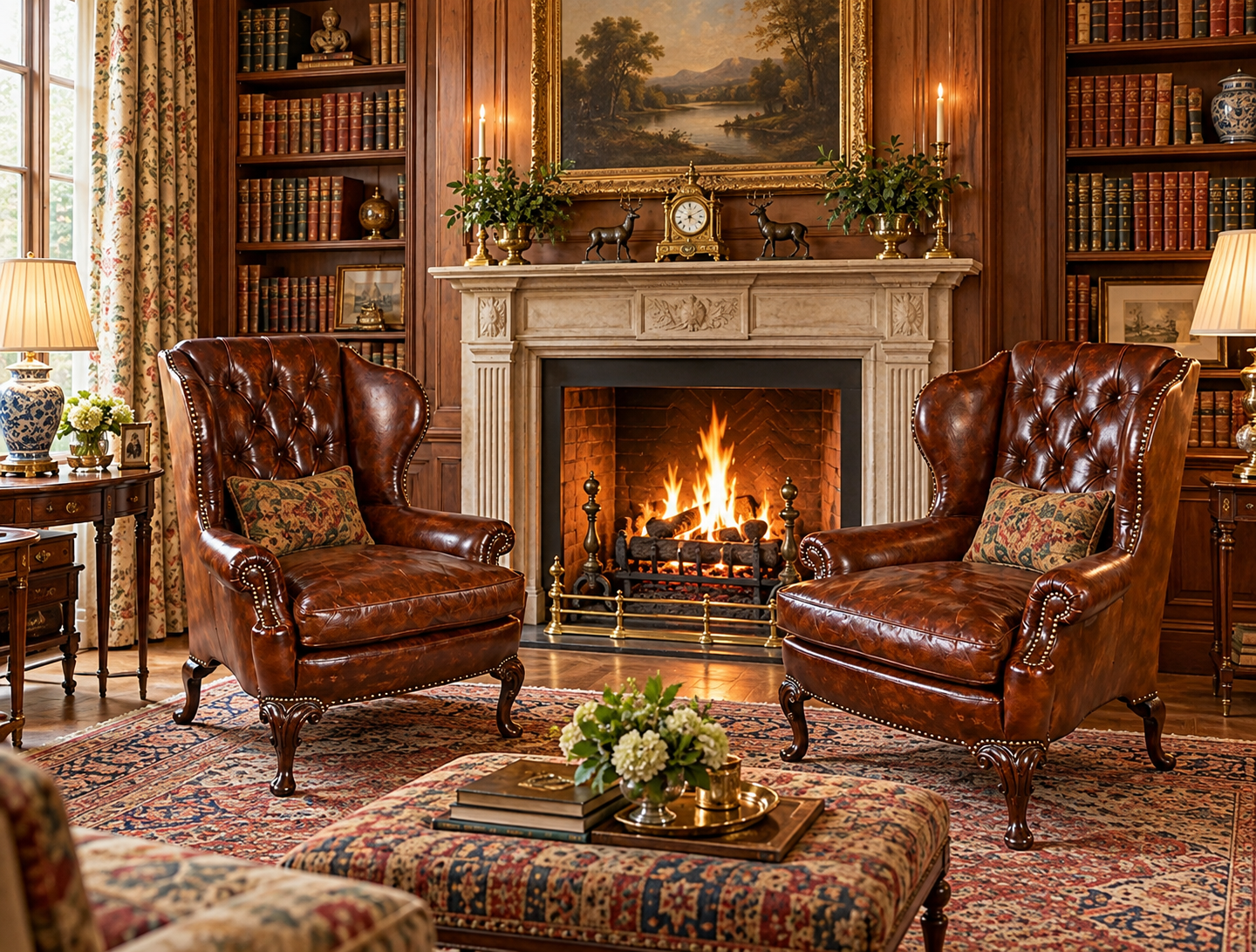 Pair Georgian style leather button back arm chairs.