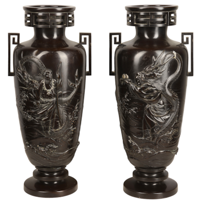 Pair C19th Japanese cast bronze vases / lamps 57cm(22.5")