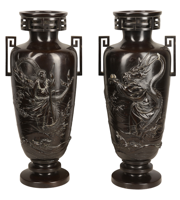 Pair C19th Japanese cast bronze vases / lamps 57cm(22.5")