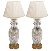 Large Pair of Canton / Rose Medallion Vases or Lamps, 19th Century. Vases 28.35 in. (72 cm) high