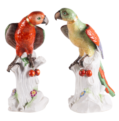 Large pair 19th Century Dresden porcelain Parrots