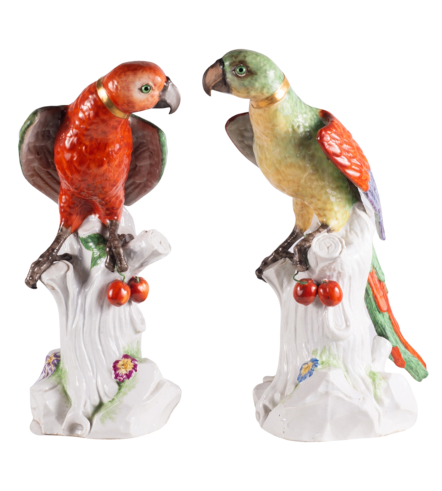 Large pair 19th Century Dresden porcelain Parrots