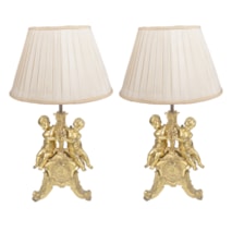 Pair late 19th Century French gilded ormolu cherub lamps.