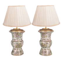 Pair 19th Century Rose medallion vases / lamps