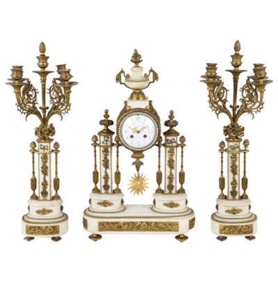 French 19th Century, Louis XVI style clock garniture.