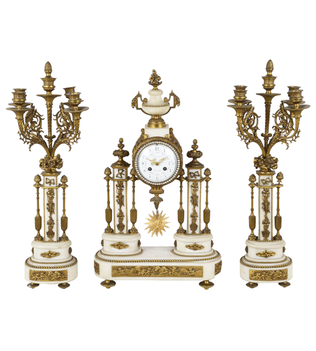 French 19th Century, Louis XVI style clock garniture.