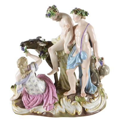 19th Century Meissen porcelain group of 'Silenus + Ass'
