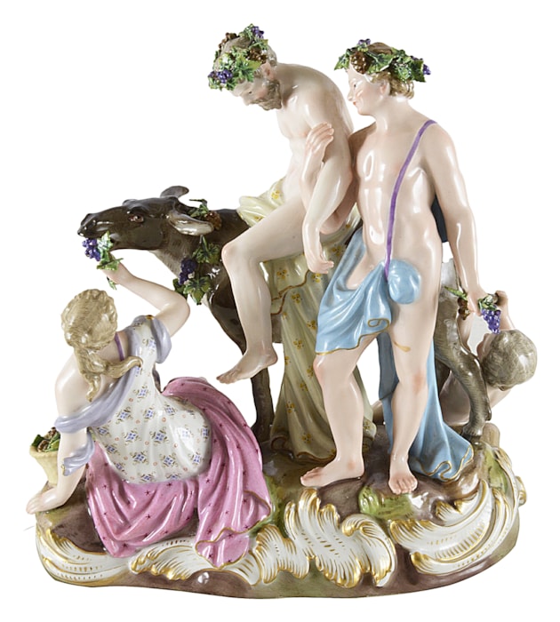 19th Century Meissen porcelain group of 'Silenus + Ass'