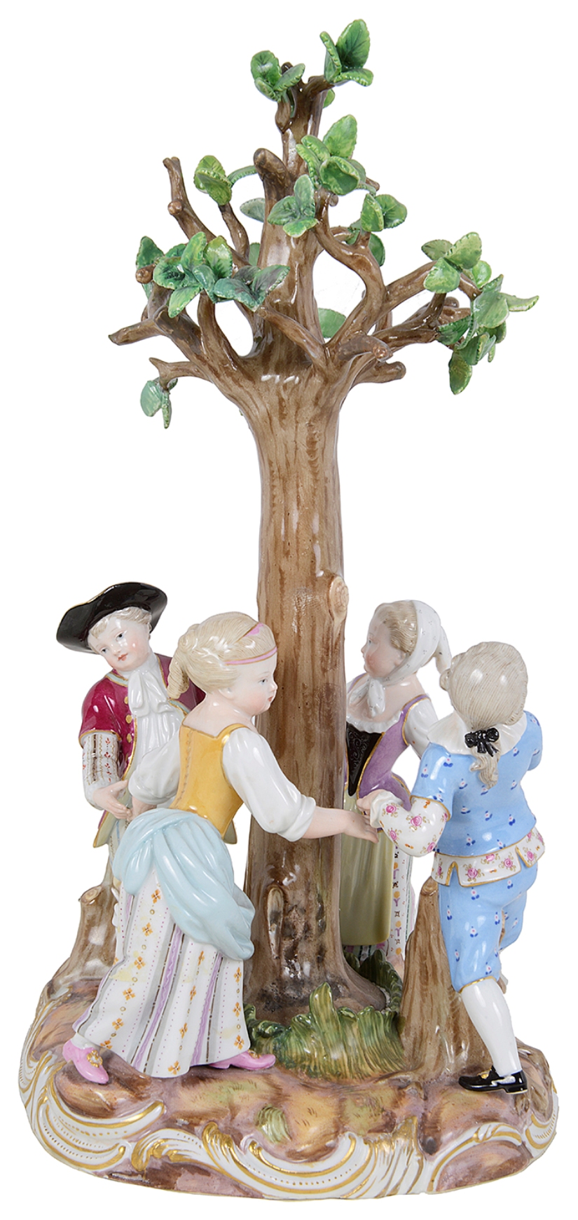 Meissen figurines Gardners children dancing round a tree, 19th Century.