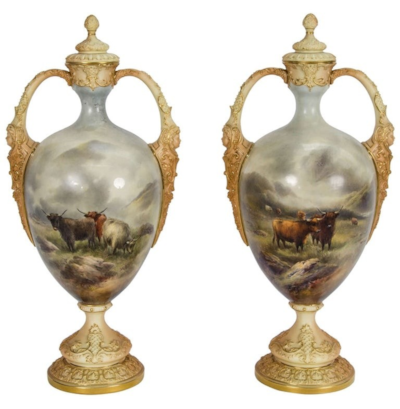 Fine and rare pair of Royal Worcester vases by John Stinton.17.5"