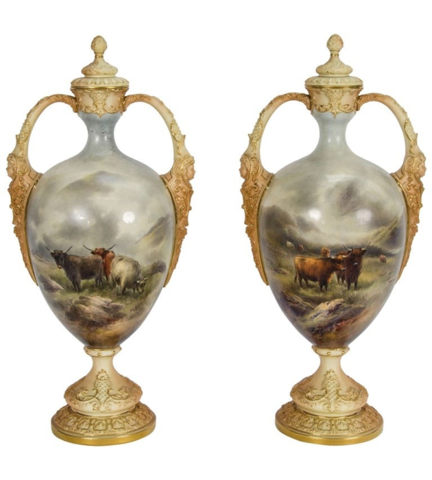 Fine and rare pair of Royal Worcester vases by John Stinton.17.5"