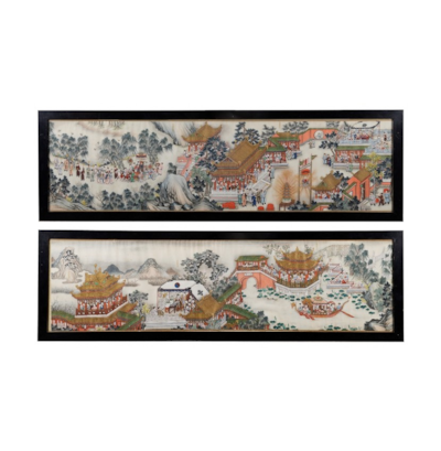 Pair 19th Century Chinese hand painted scrolls of processions.