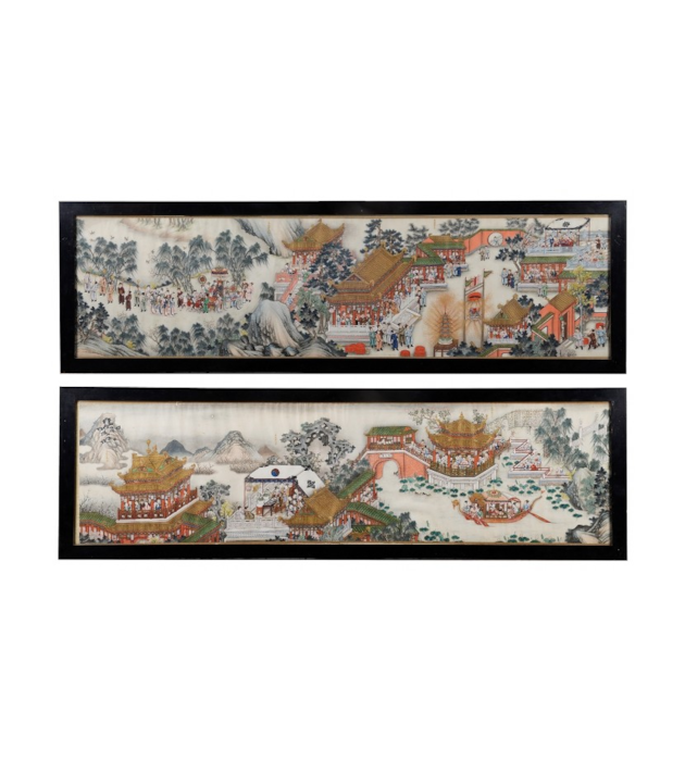 Pair 19th Century Chinese hand painted scrolls of processions.