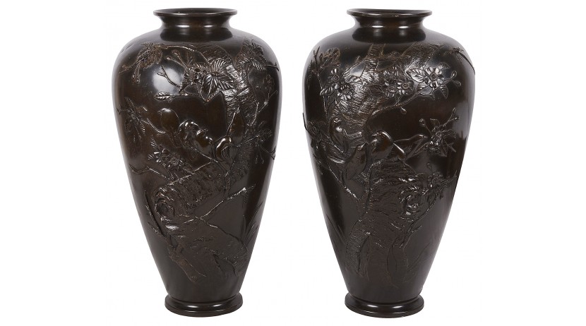 PAIR LARGE 19TH CENTURY JAPANESE BRONZE EMBOSSED VASES