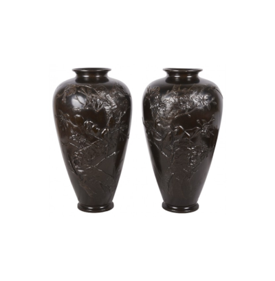 PAIR LARGE 19TH CENTURY JAPANESE BRONZE EMBOSSED VASES