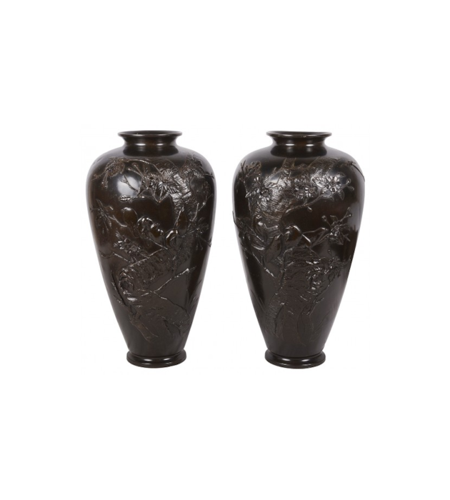 PAIR LARGE 19TH CENTURY JAPANESE BRONZE EMBOSSED VASES