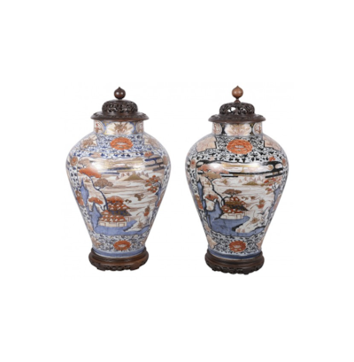 Pair of 18th Century Japanese Imari lidded vases.