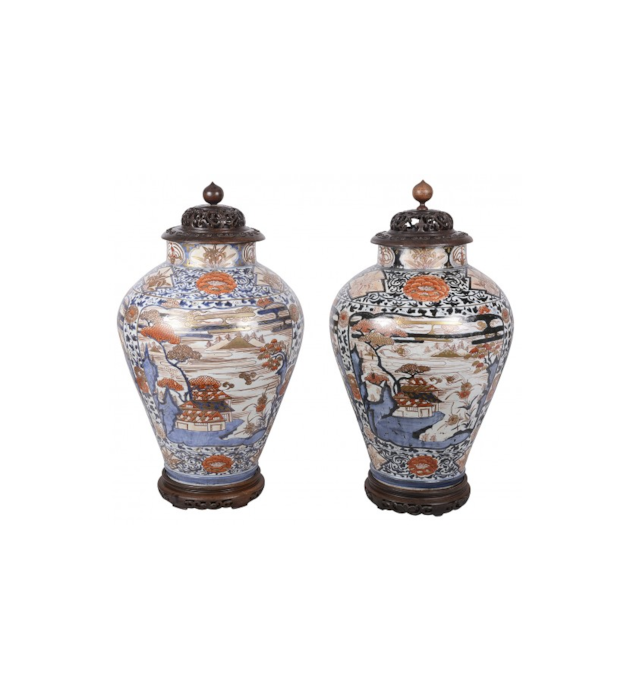 Pair of 18th Century Japanese Imari lidded vases.