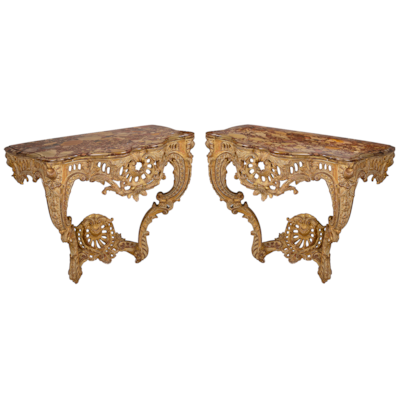 Pair 18th Century French carved gilt wood console tables.