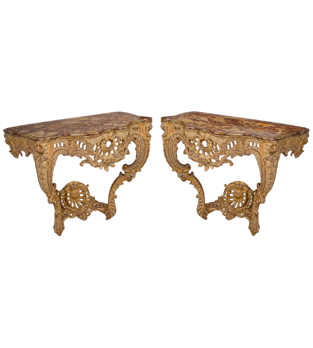 Pair 18th Century French carved gilt wood console tables.