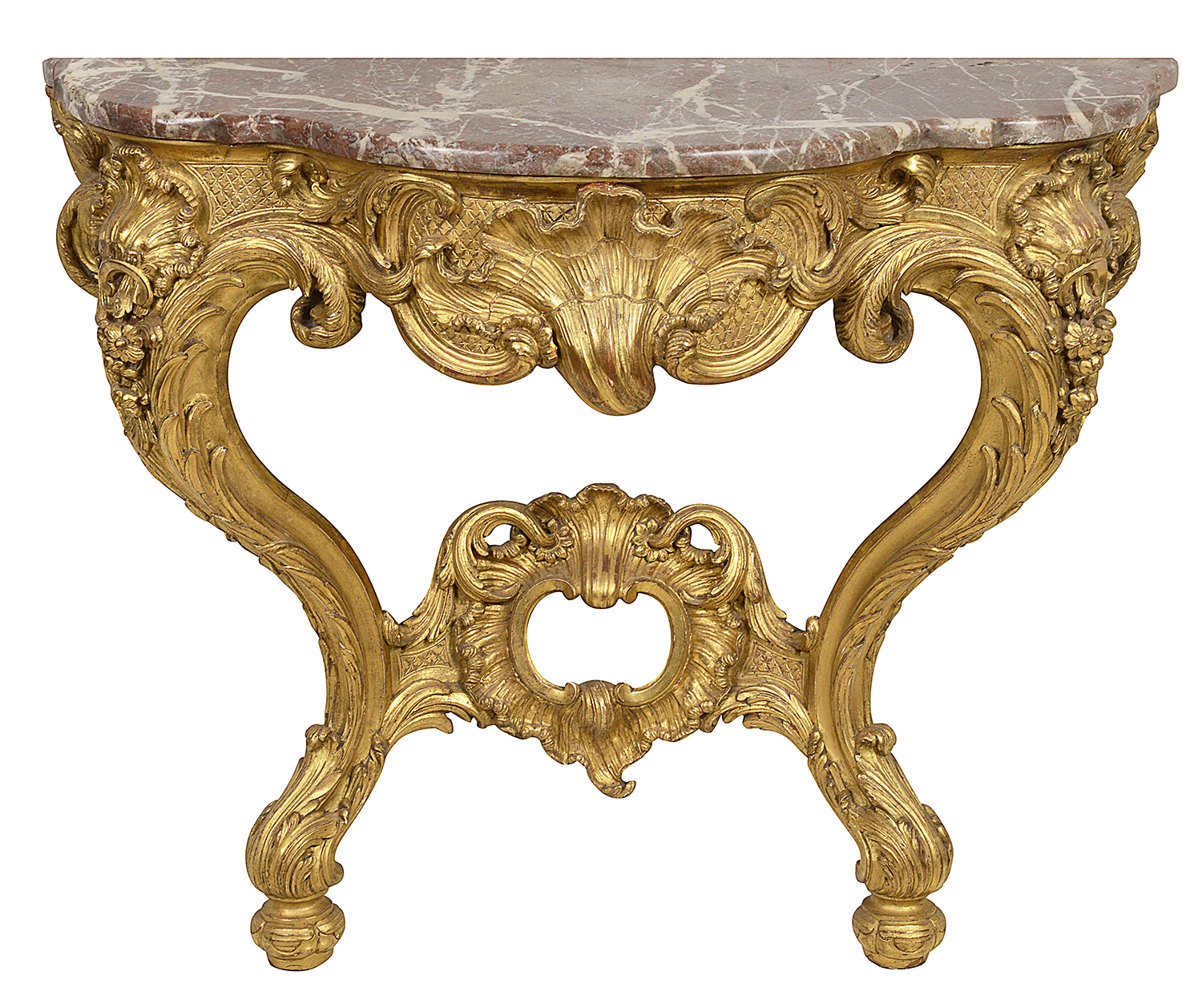Pair French carved gilt wood console tables, circa 1840