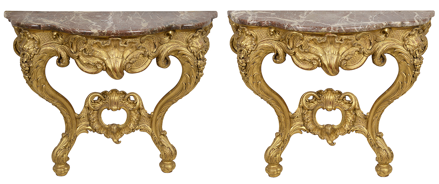Pair French carved gilt wood console tables, circa 1840
