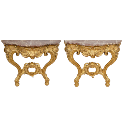 Pair French carved gilt wood console tables, circa 1840
