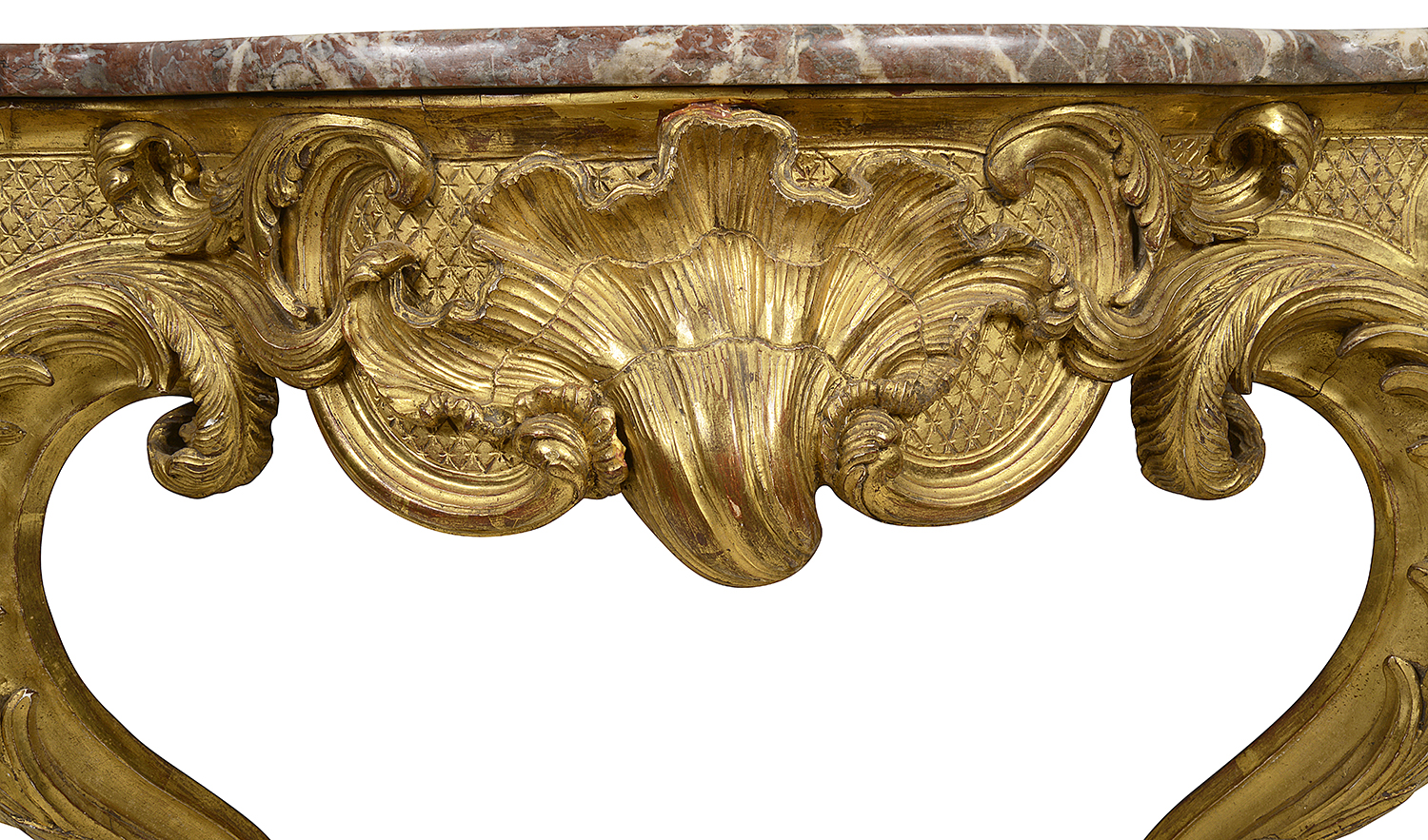 Pair French carved gilt wood console tables, circa 1840