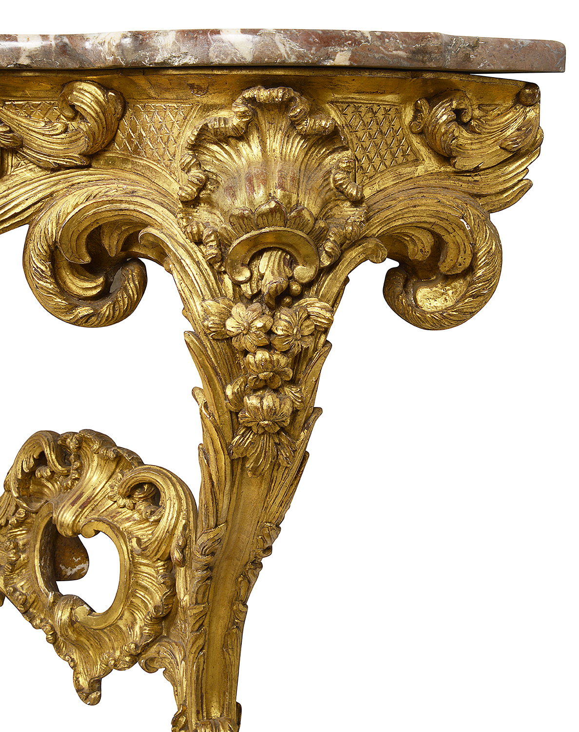 Pair French carved gilt wood console tables, circa 1840