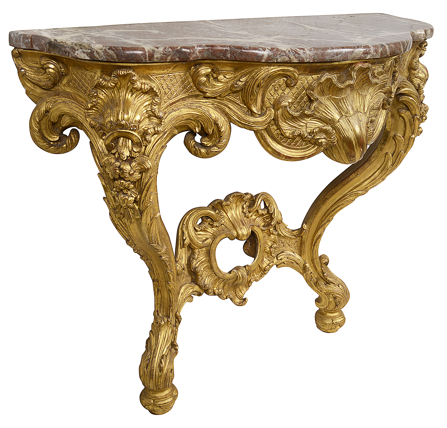 Pair French carved gilt wood console tables, circa 1840