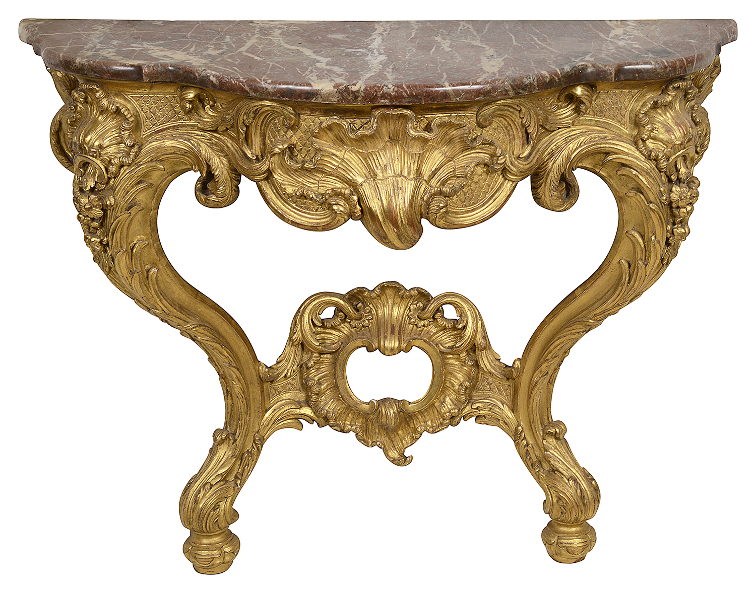 Pair French carved gilt wood console tables, circa 1840