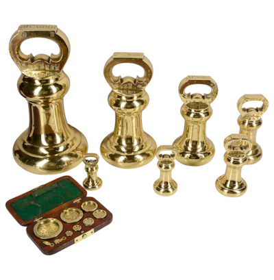 Boxed set of Victorian brass weights, circa 1880