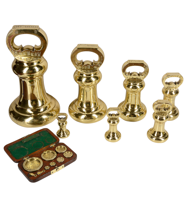 Boxed set of Victorian brass weights, circa 1880