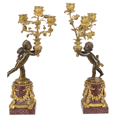 Fine pair 19th Century ormolu and Porphyry candelabra, attributed to Henry Dasson