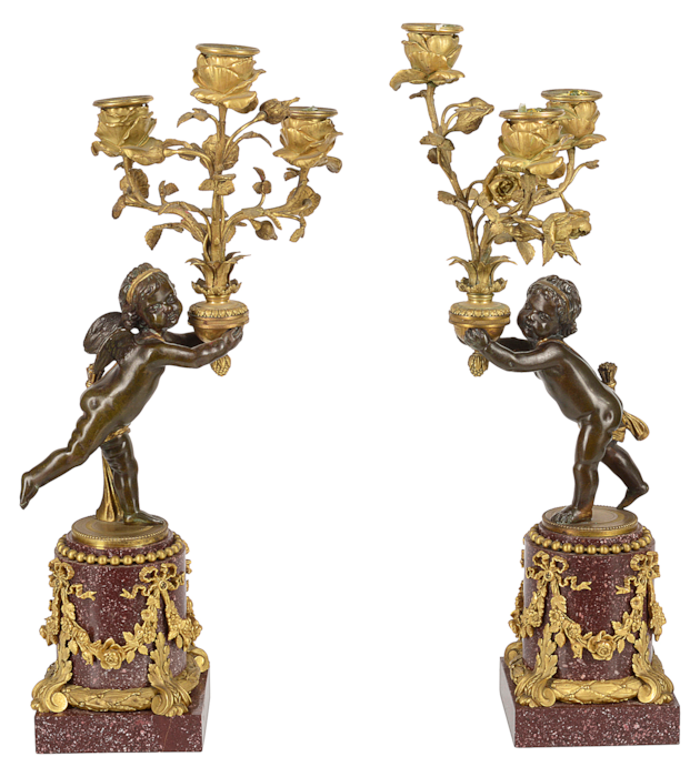 Fine pair 19th Century ormolu and Porphyry candelabra, attributed to Henry Dasson