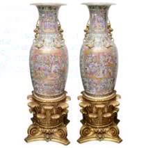 Large pair 19th Century Rose medallion vases on stands.