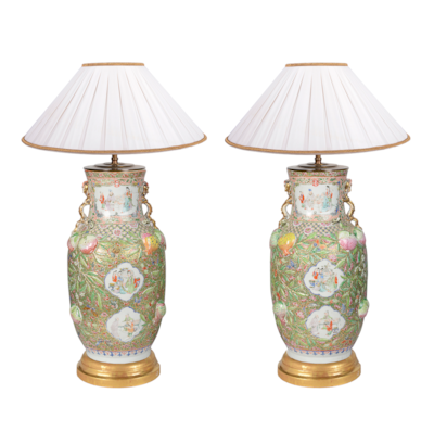 Pair 19th Century Rose Medallion porcelain vases / lamps.