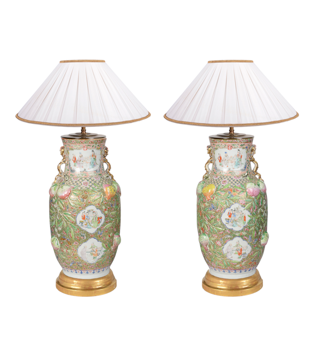 Pair 19th Century Rose Medallion porcelain vases / lamps.