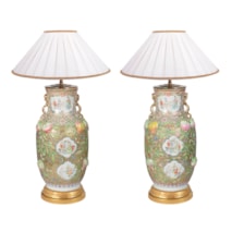 Pair 19th Century Rose Medallion porcelain vases / lamps.