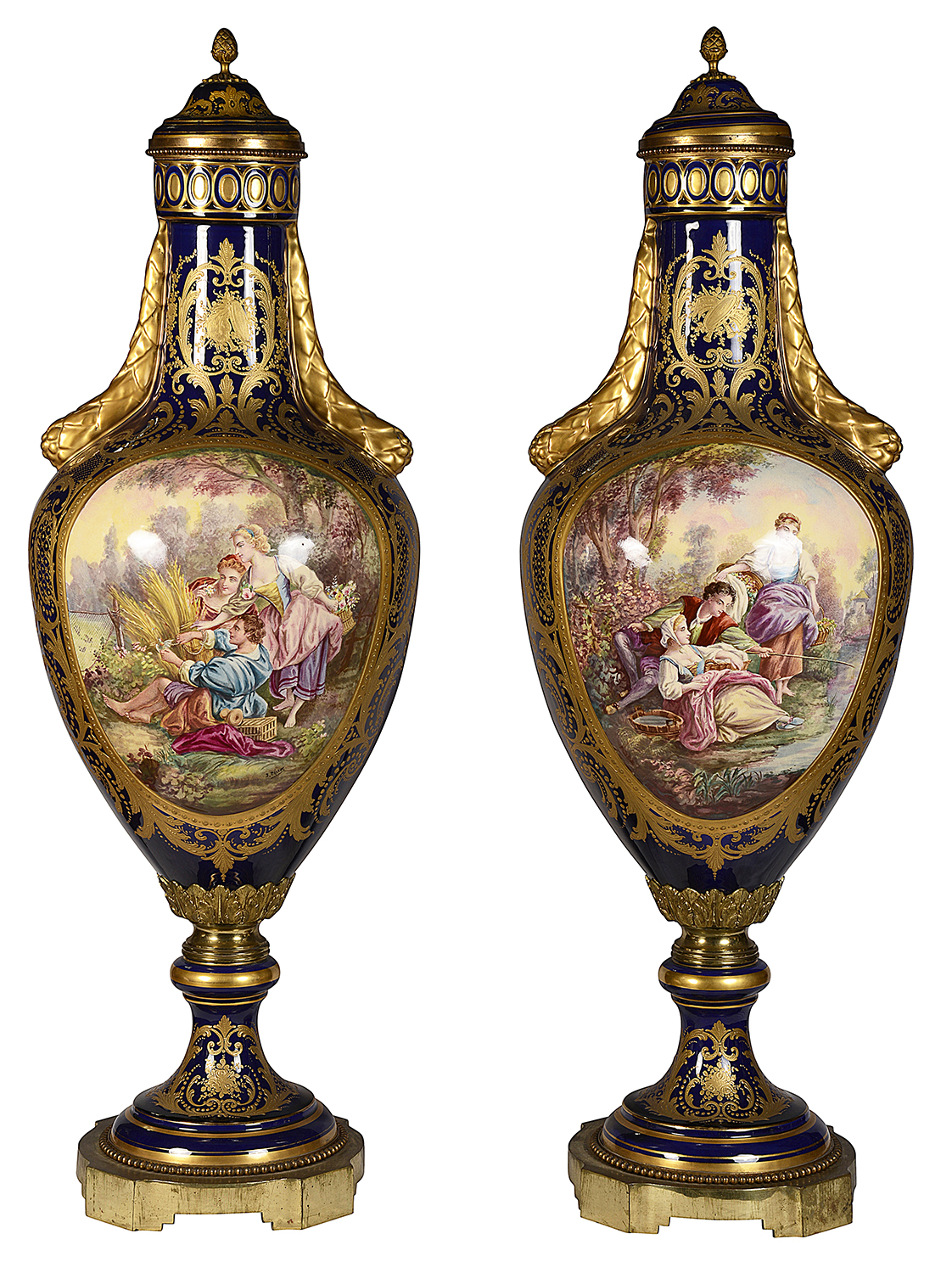 Pair 19th Century Sevres style lidded vases.